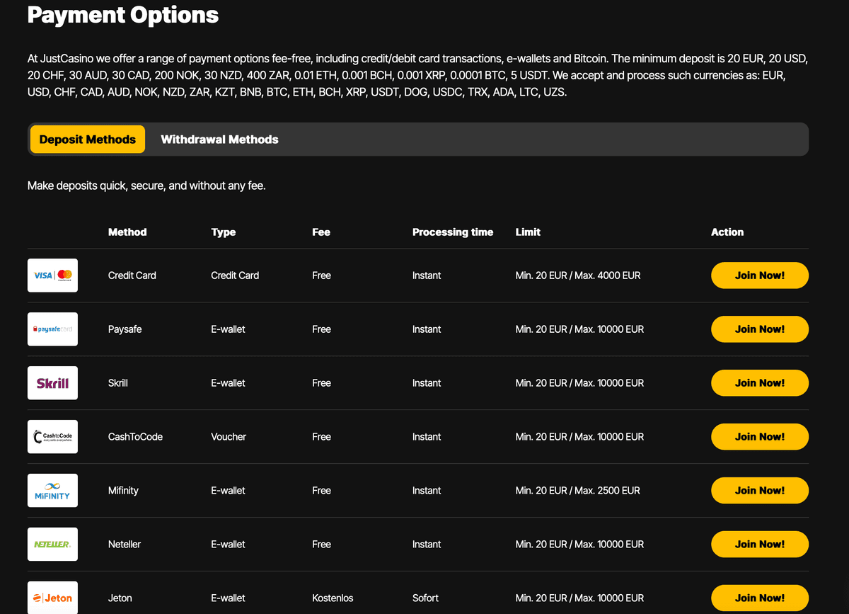just casino payment methods