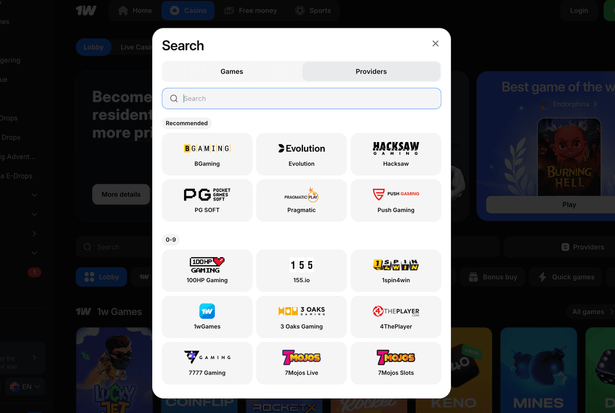 1win casino online providers