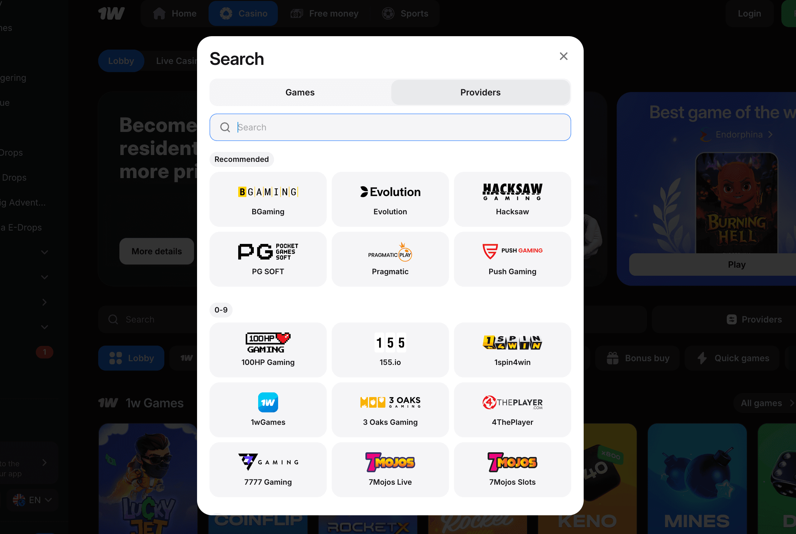 1win casino online providers