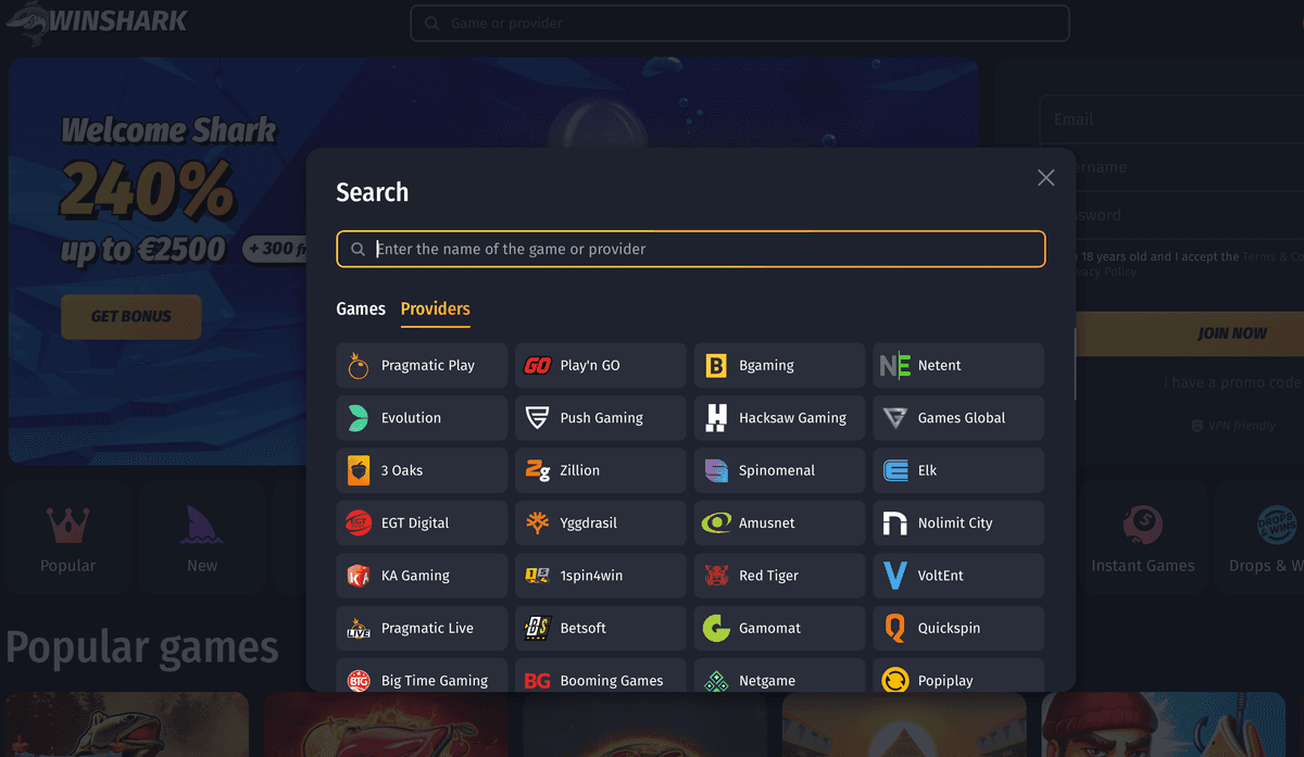 winshark casino online providers