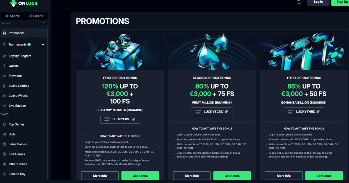 onluck casino bonuses