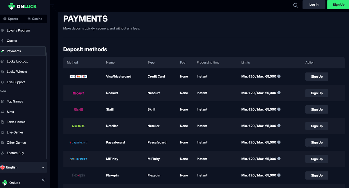 onluck casino online payments