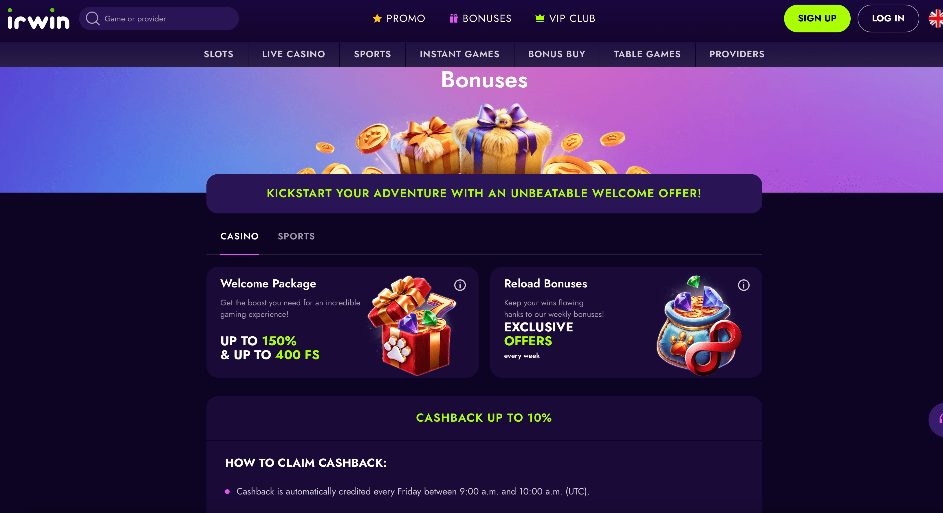 irwin casino online bonuses