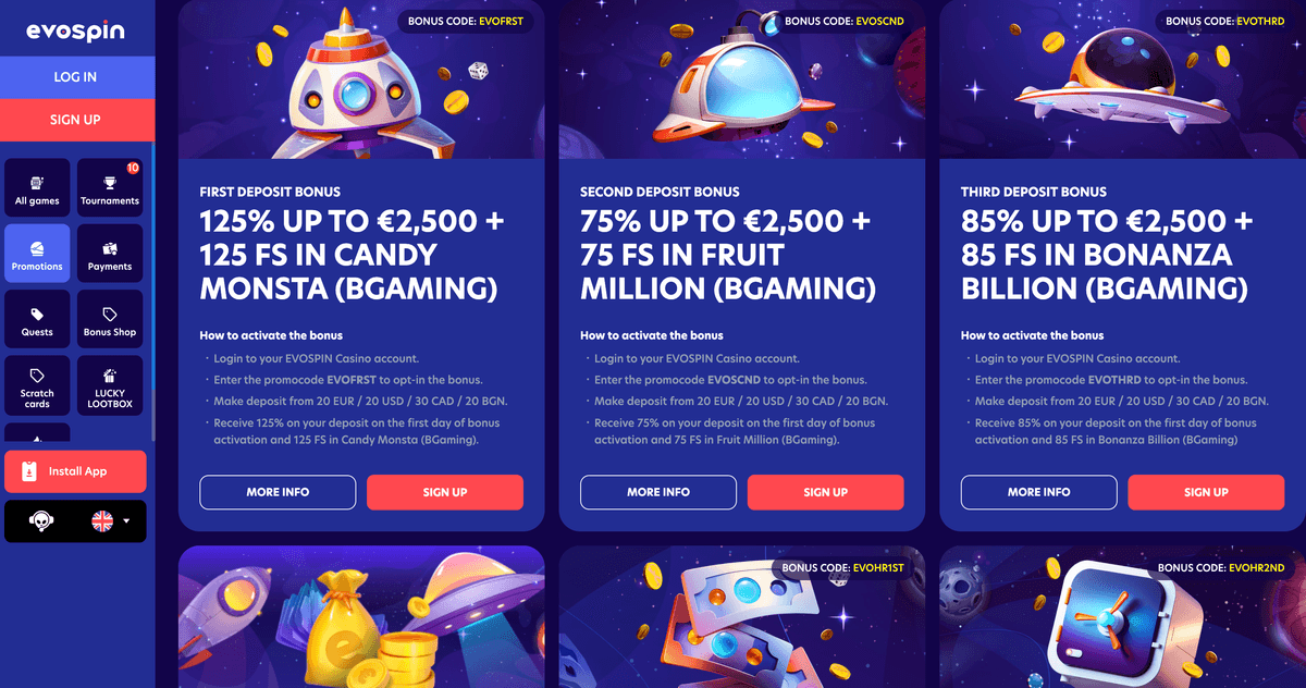 evospin casino bonuses