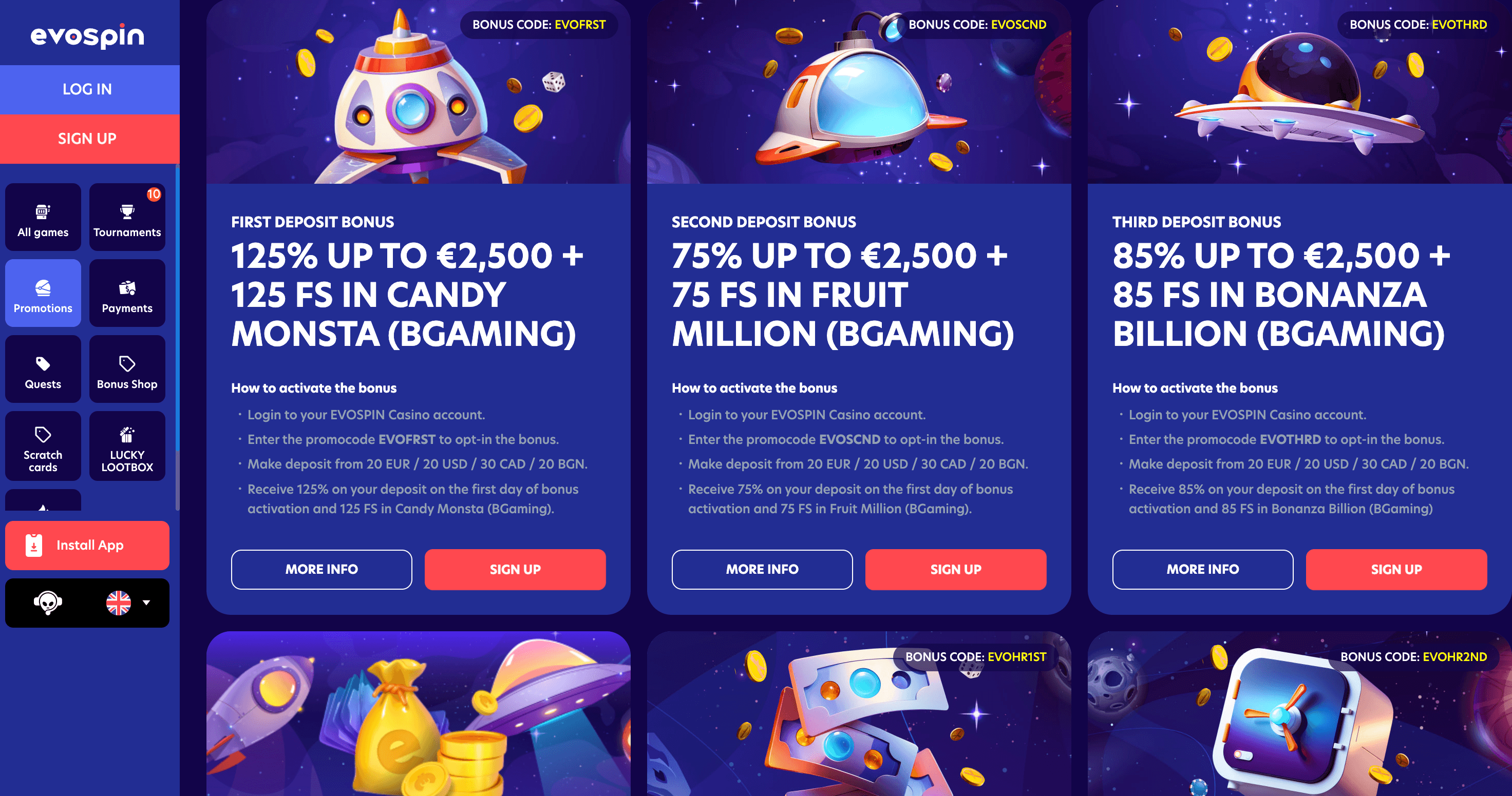 evospin casino bonuses