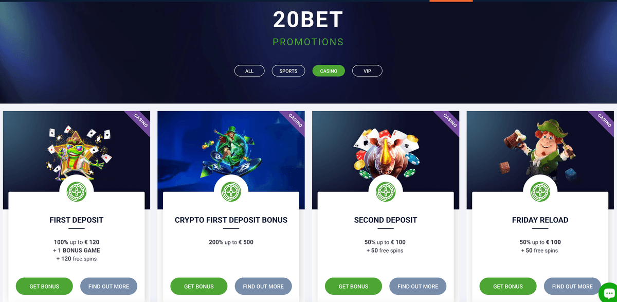 20bet casino bonuses