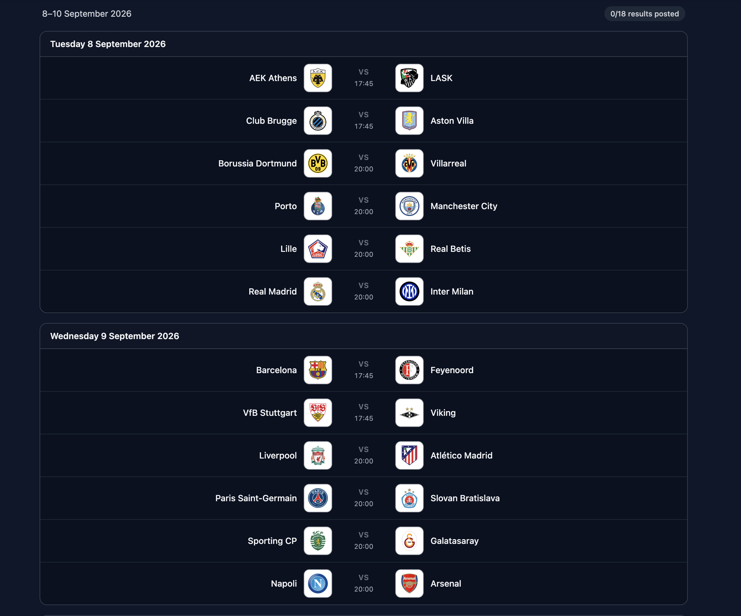 Champions League Matchday 1 fixtures, 8–10 September 2026