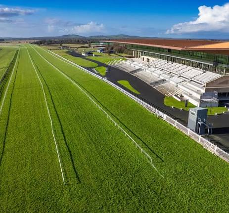 Aerial view of the Curragh Racecourse track and grandstand
