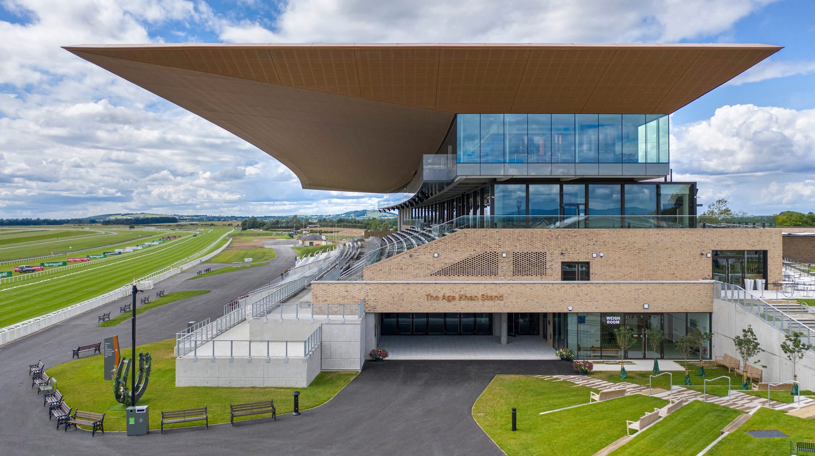 The Curragh Racecourse grandstand and open plain, County Kildare