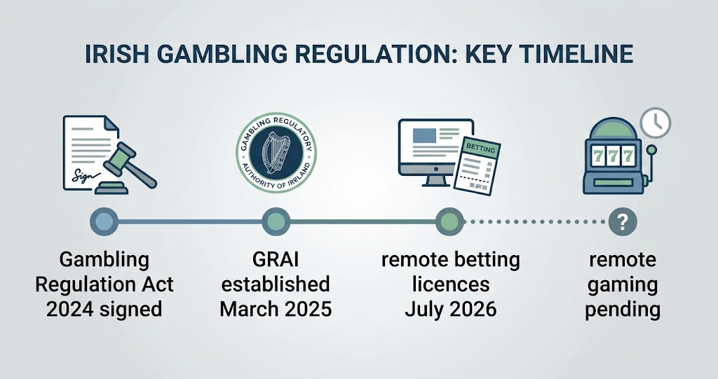 Irish gambling regulation timeline from the 2024 Act through GRAI licensing (AI generated image)