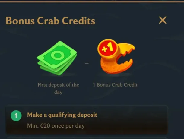 Casino deposit screen showing a €10 to €20 deposit triggering a Bonus Crab token