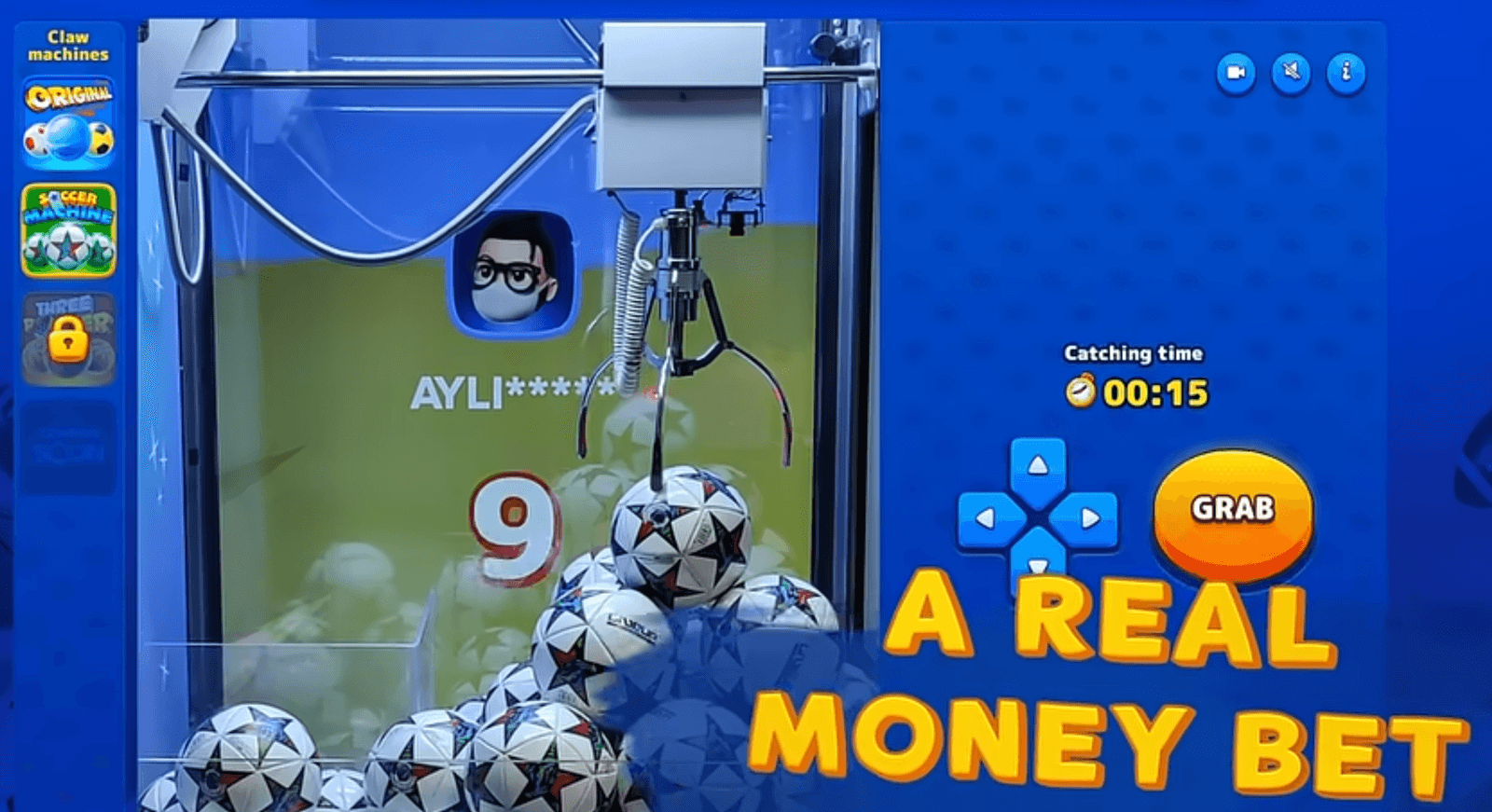 Claw machine interface with on-screen directional controls and a 30 second countdown timer