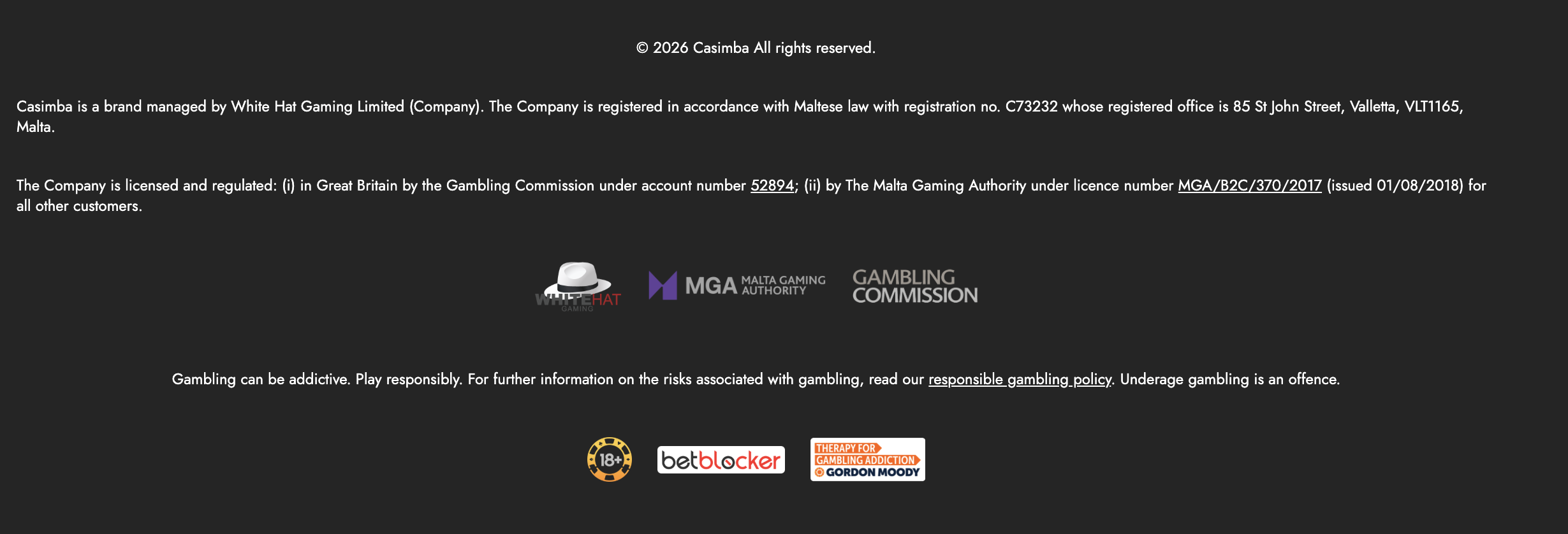 Example casino footer showing licence seals and certification links