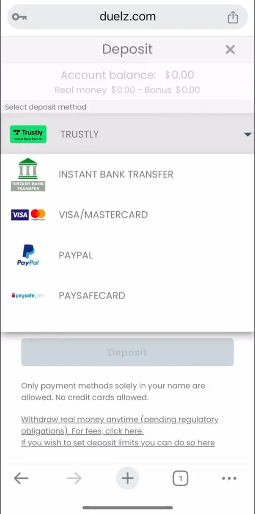 Casino cashier page with Visa selected as payment method