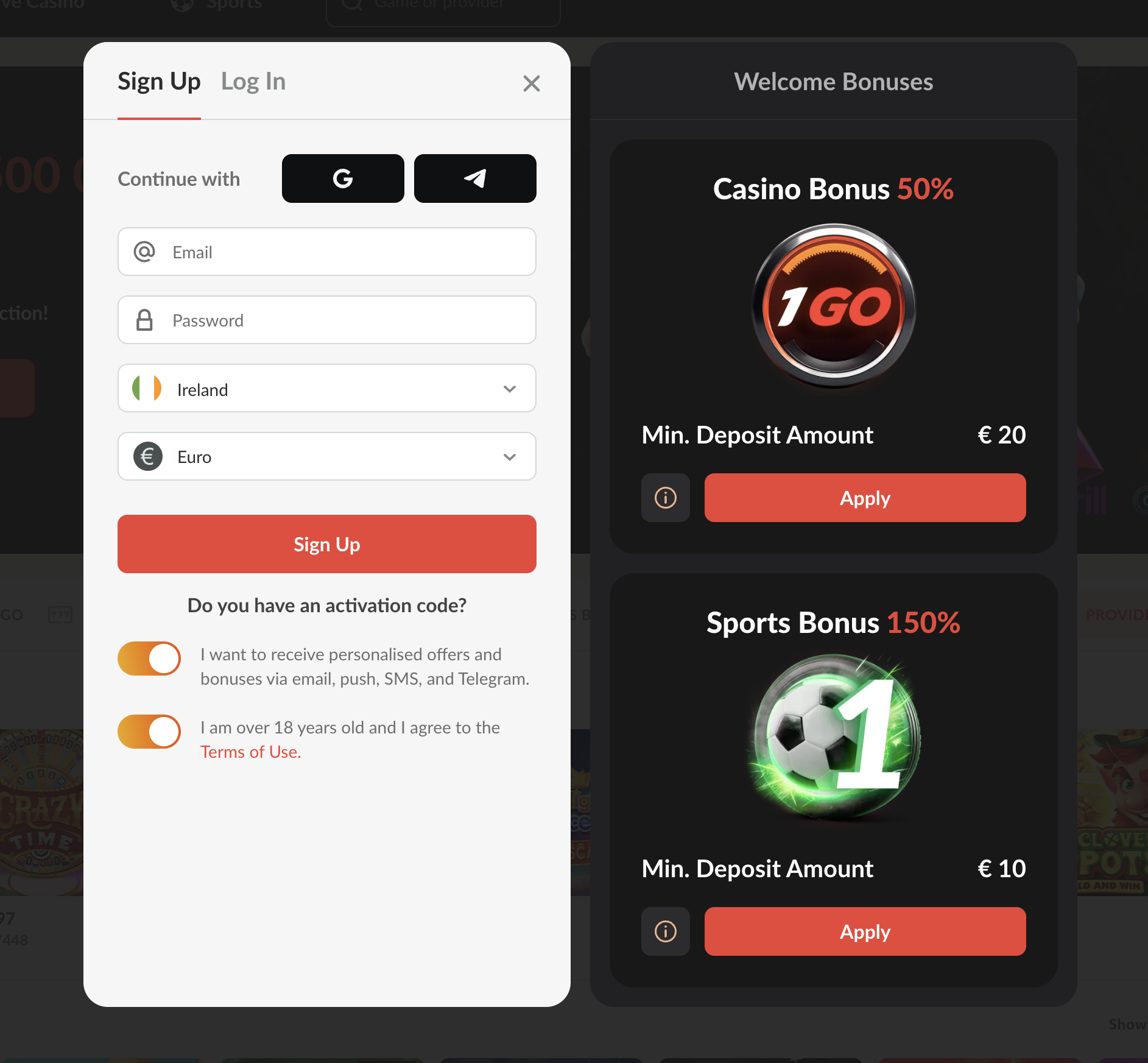 1GO Casino signup — email, password, Ireland EUR with casino and sports welcome cards