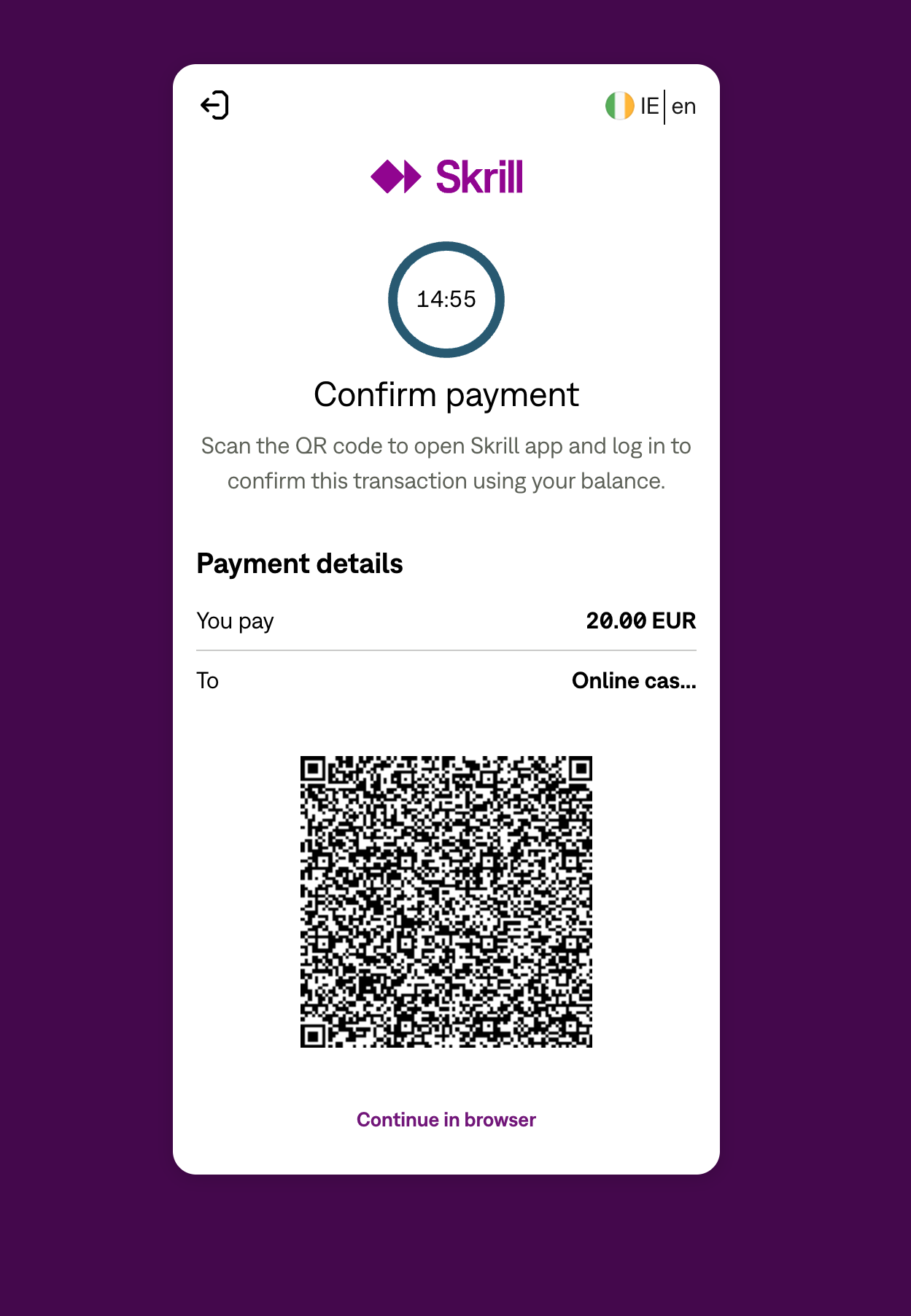Skrill confirm payment QR for €20.00 EUR to 1GO