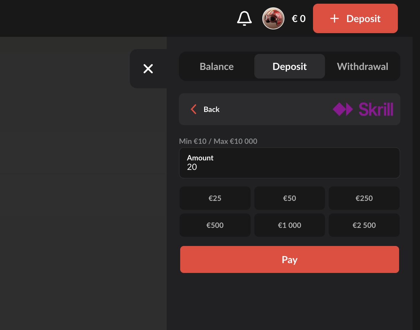 1GO cashier Skrill deposit — amount 20, min €10 max €10,000