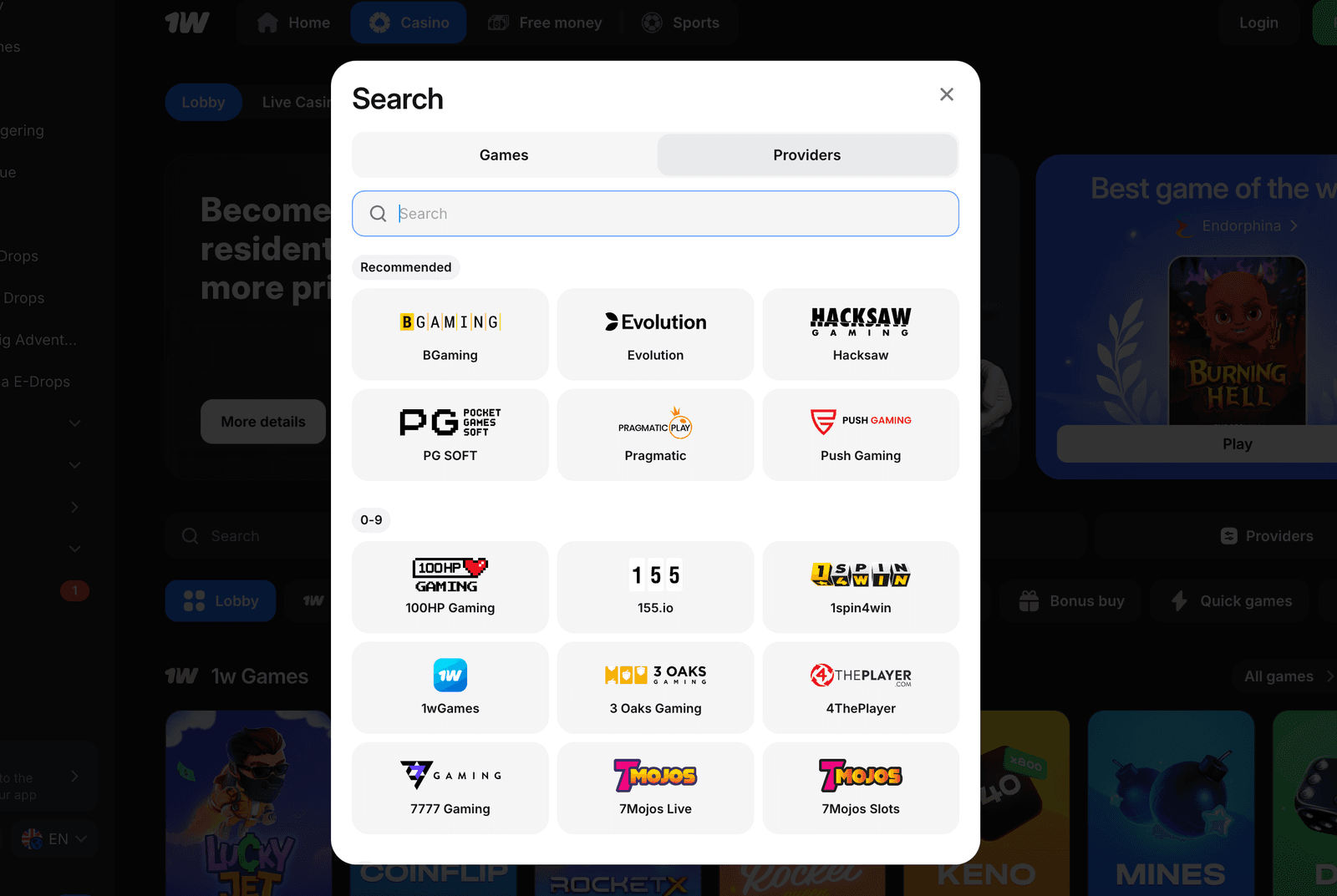 1win casino online providers