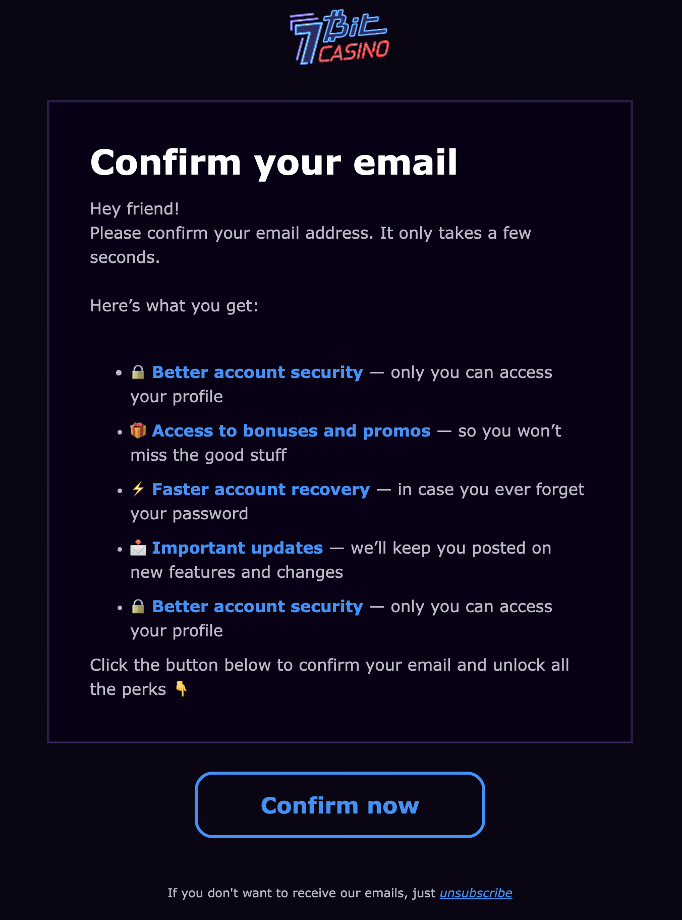 7Bit Casino prompt to confirm email after signup