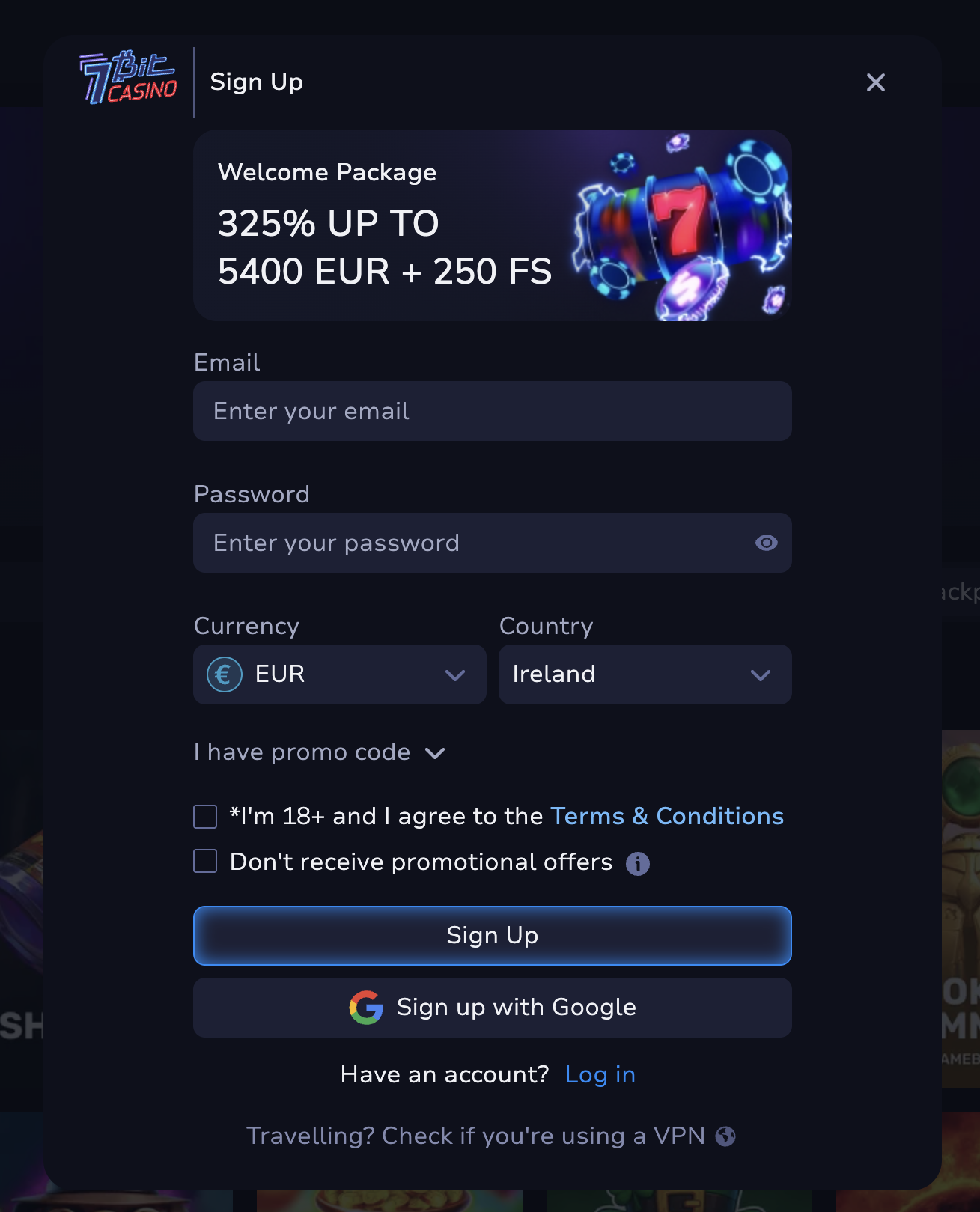 7Bit Casino registration step one — email and password