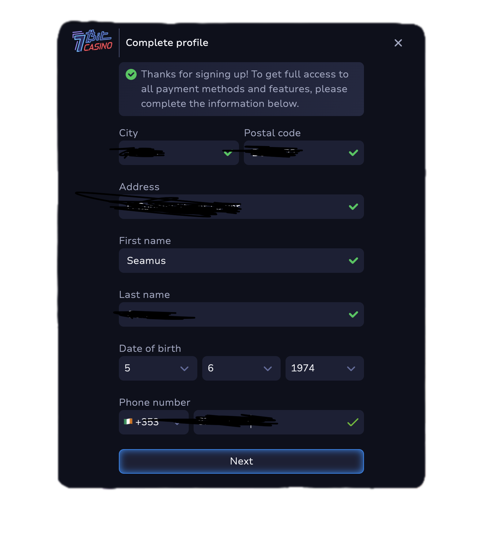 7Bit Casino registration step two — address and profile