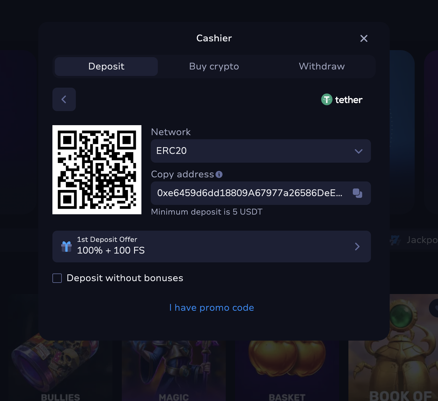 7Bit Casino Tether USDT deposit of 10 euro