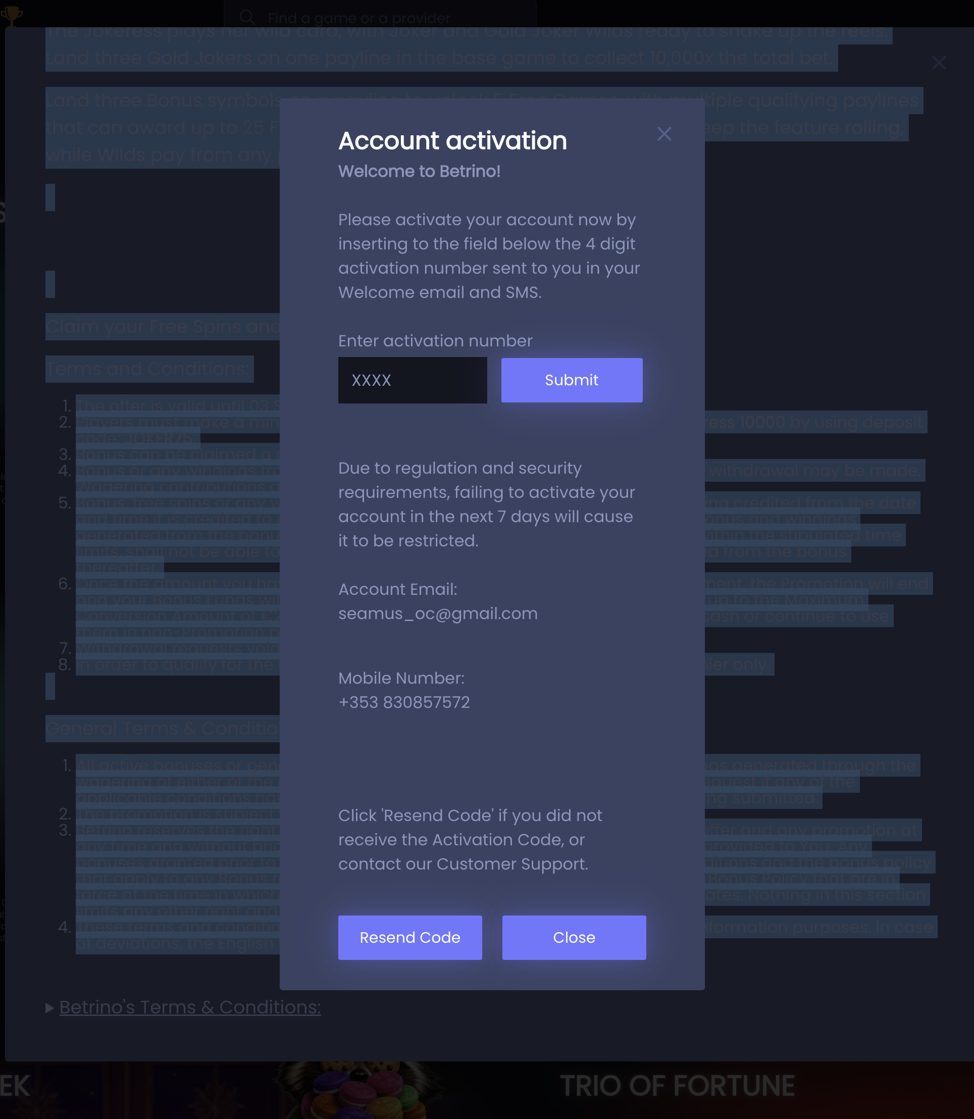 Betrino account activation — enter four-digit verification code