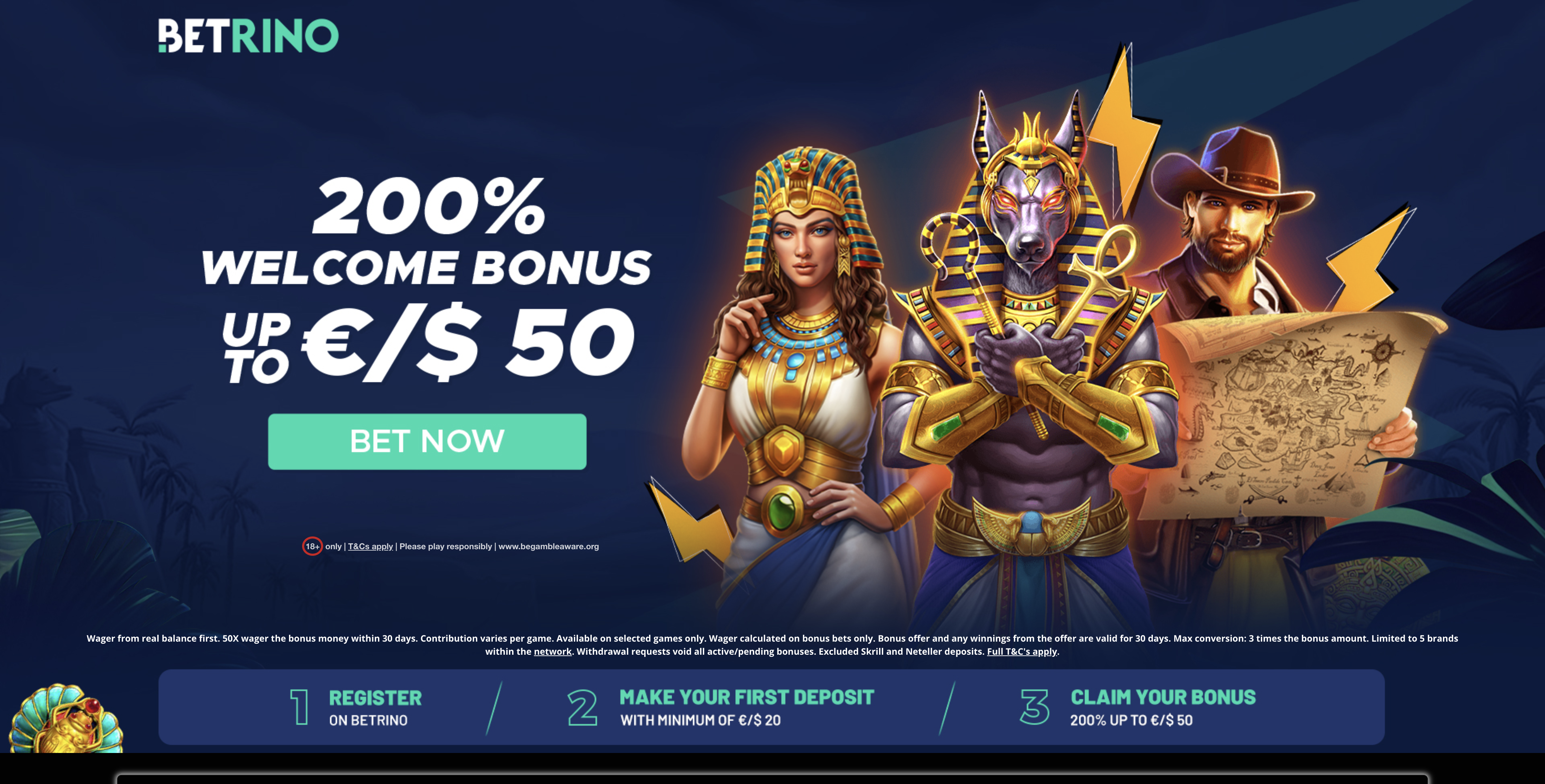 Betrino casino welcome banner — 200 percent up to 50 euro