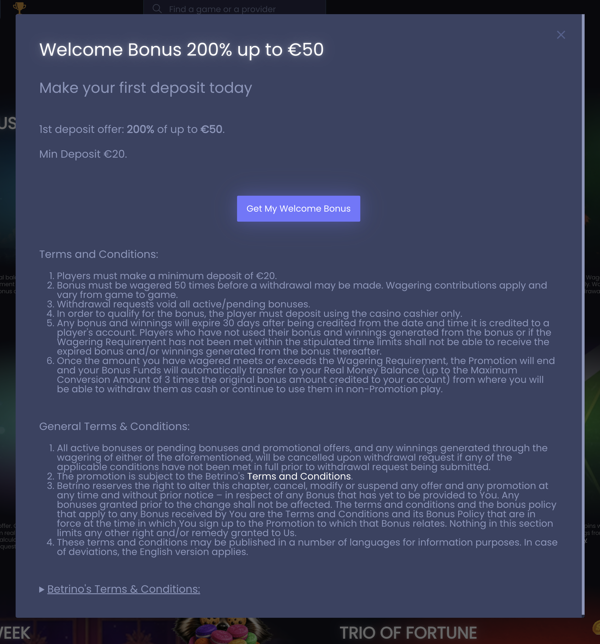 Betrino casino welcome modal — 200 percent up to 50 euro with 50x wagering terms