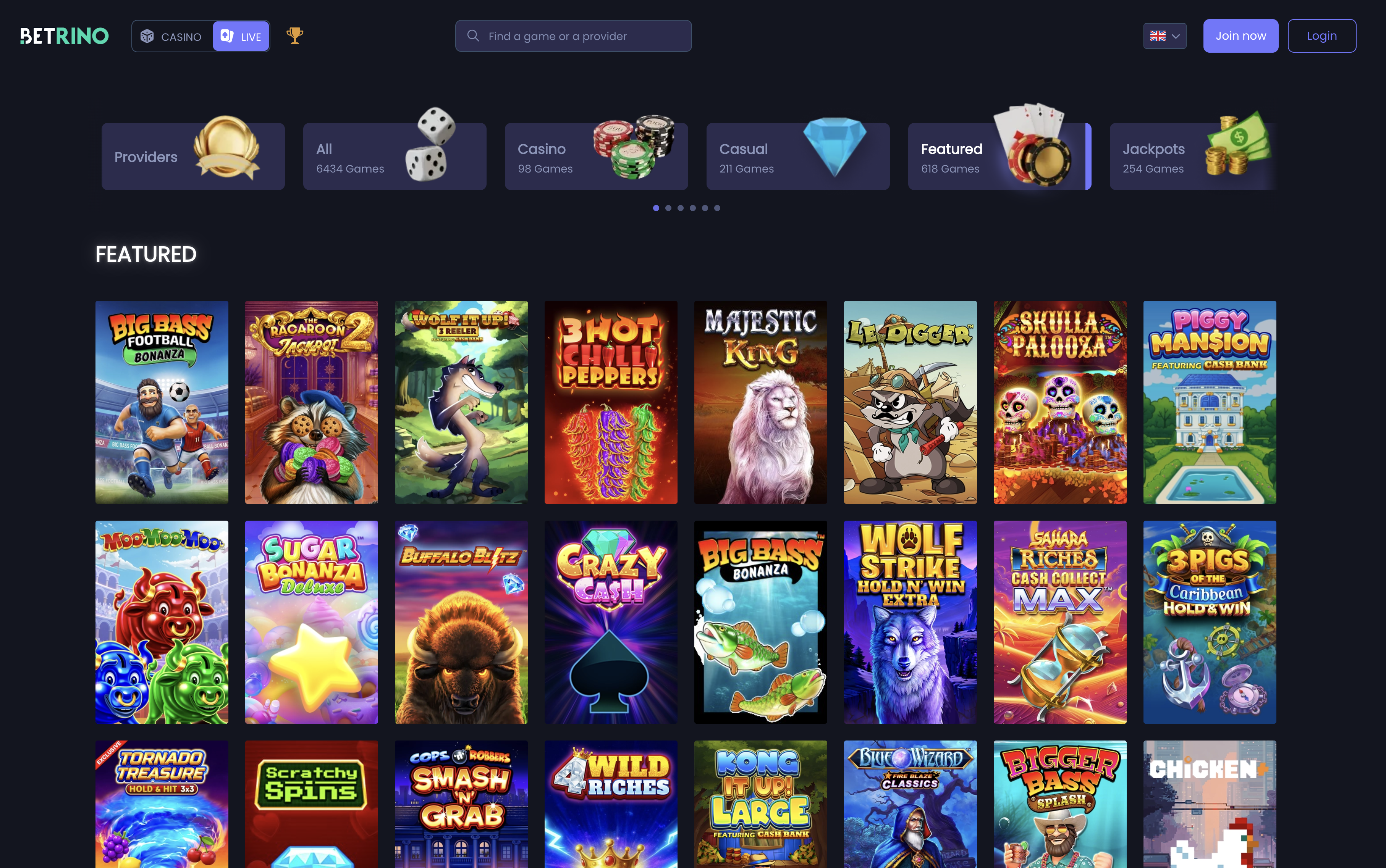 Betrino featured games carousel — slots and new releases