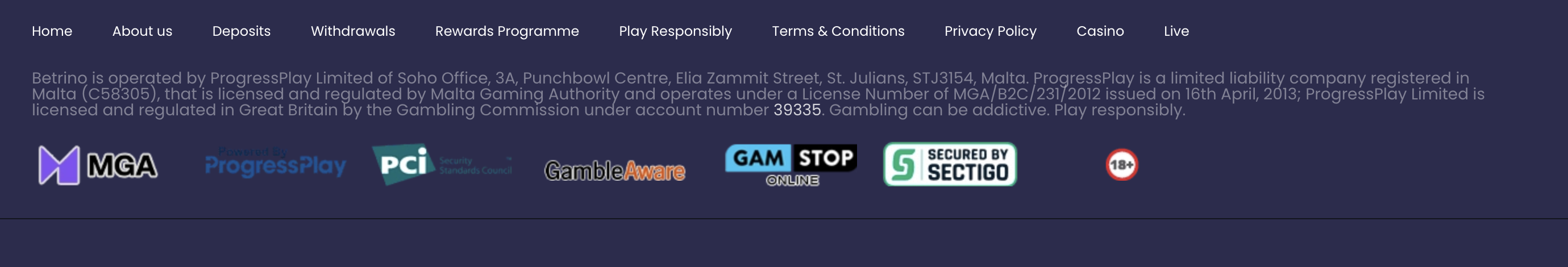 Betrino footer with MGA and UKGC licence information and payment icons