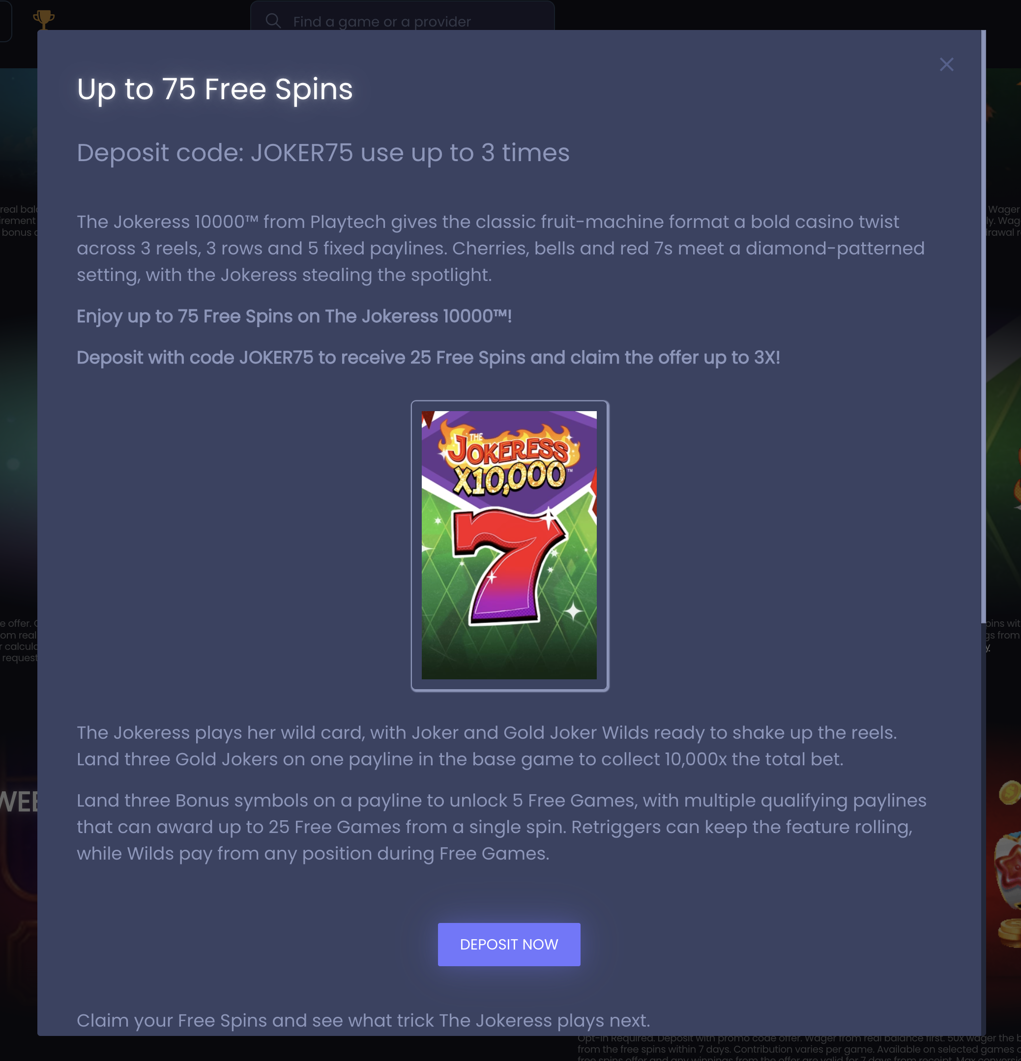 Betrino free spins deposit promotion screen