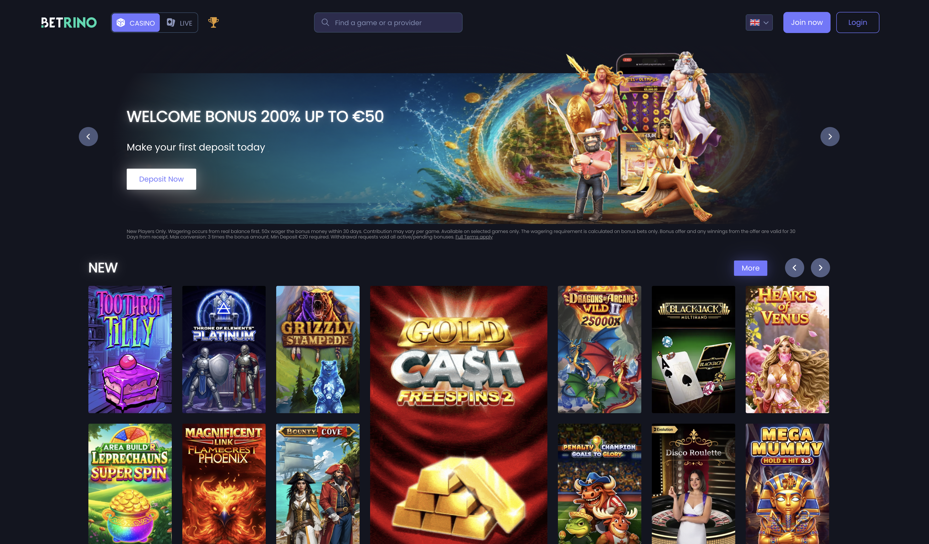Betrino home page with casino and sports welcome tiles