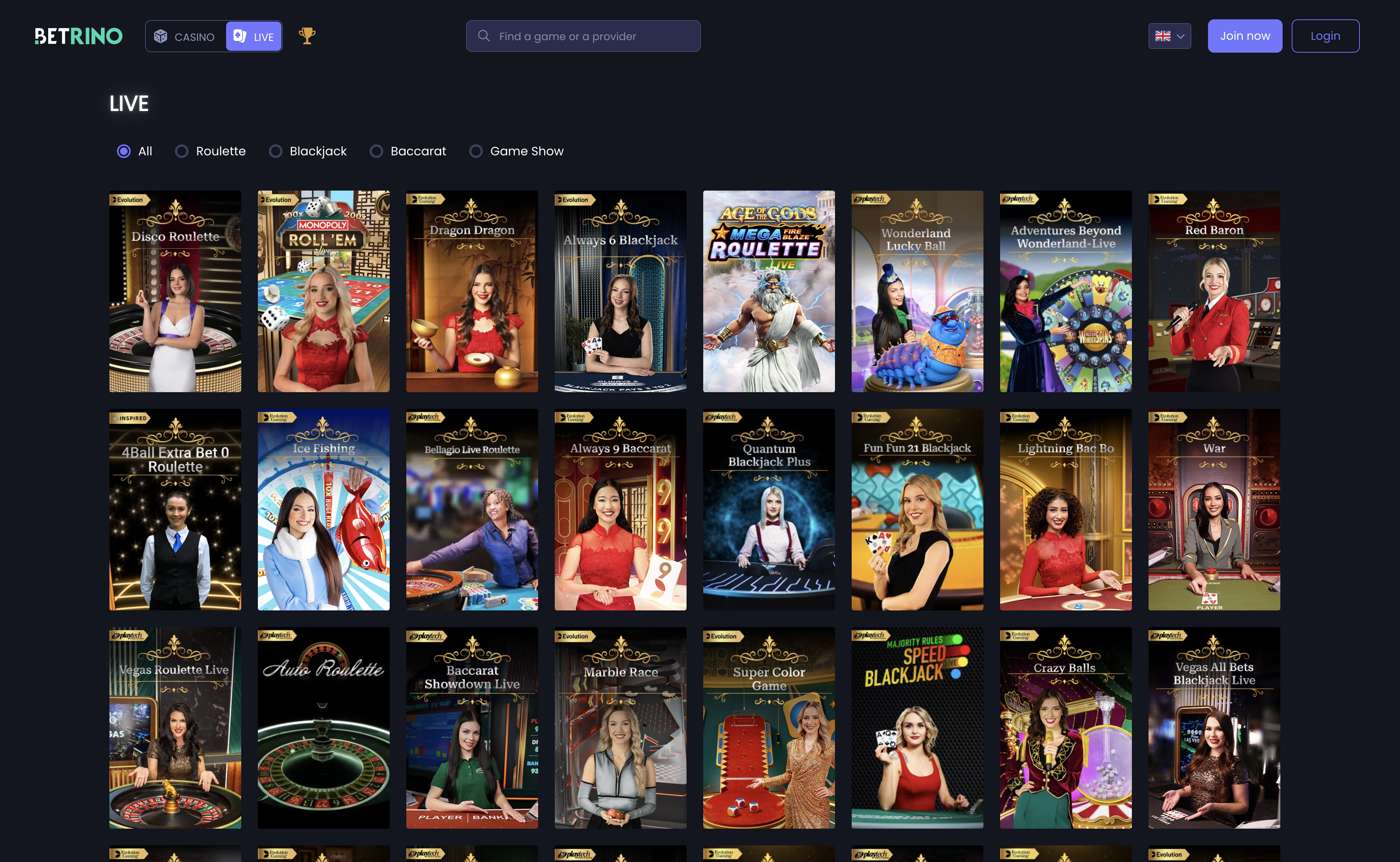Betrino live casino lobby with dealer tables