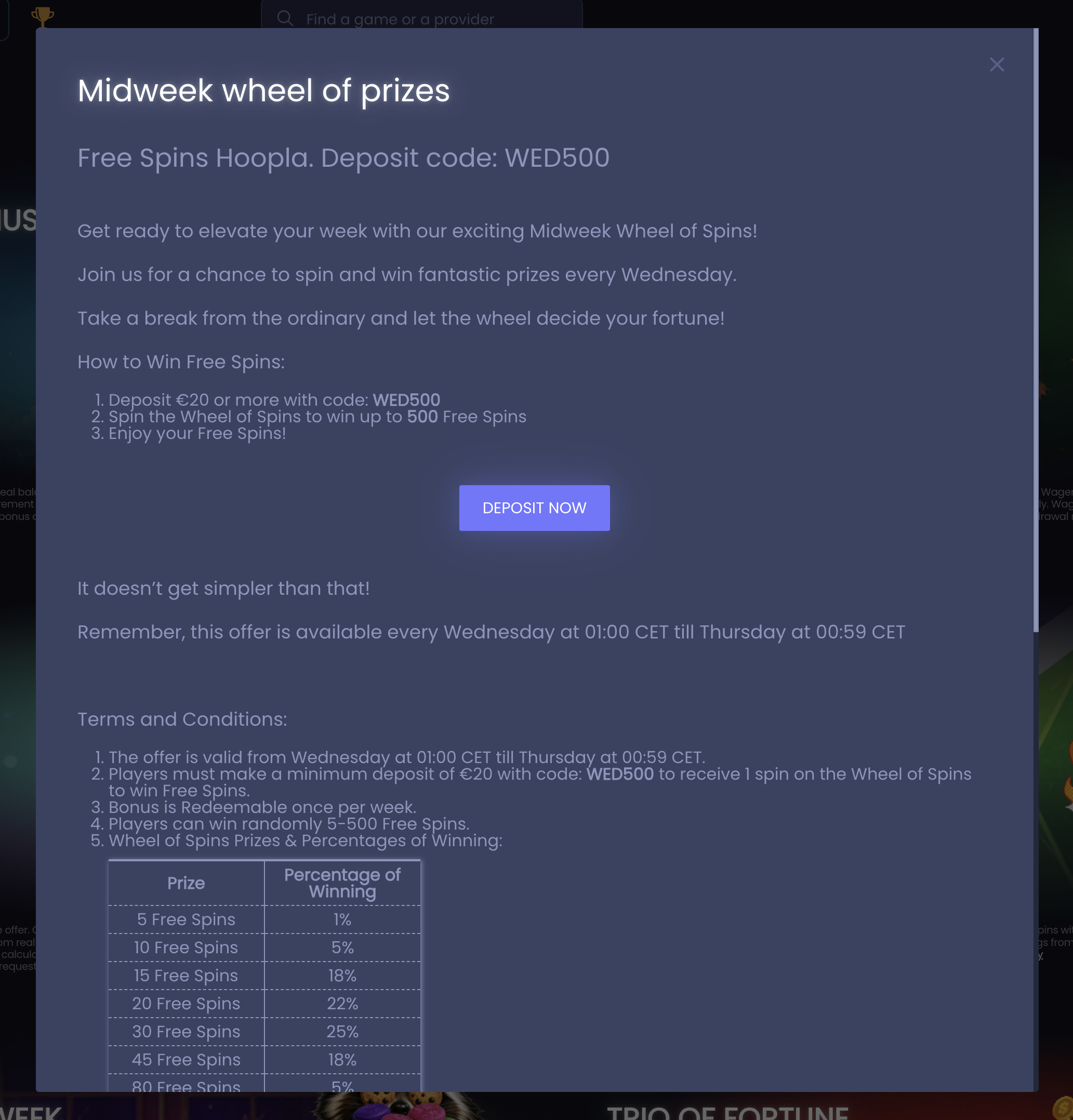 Betrino midweek wheel of prizes — WED500 deposit code promo