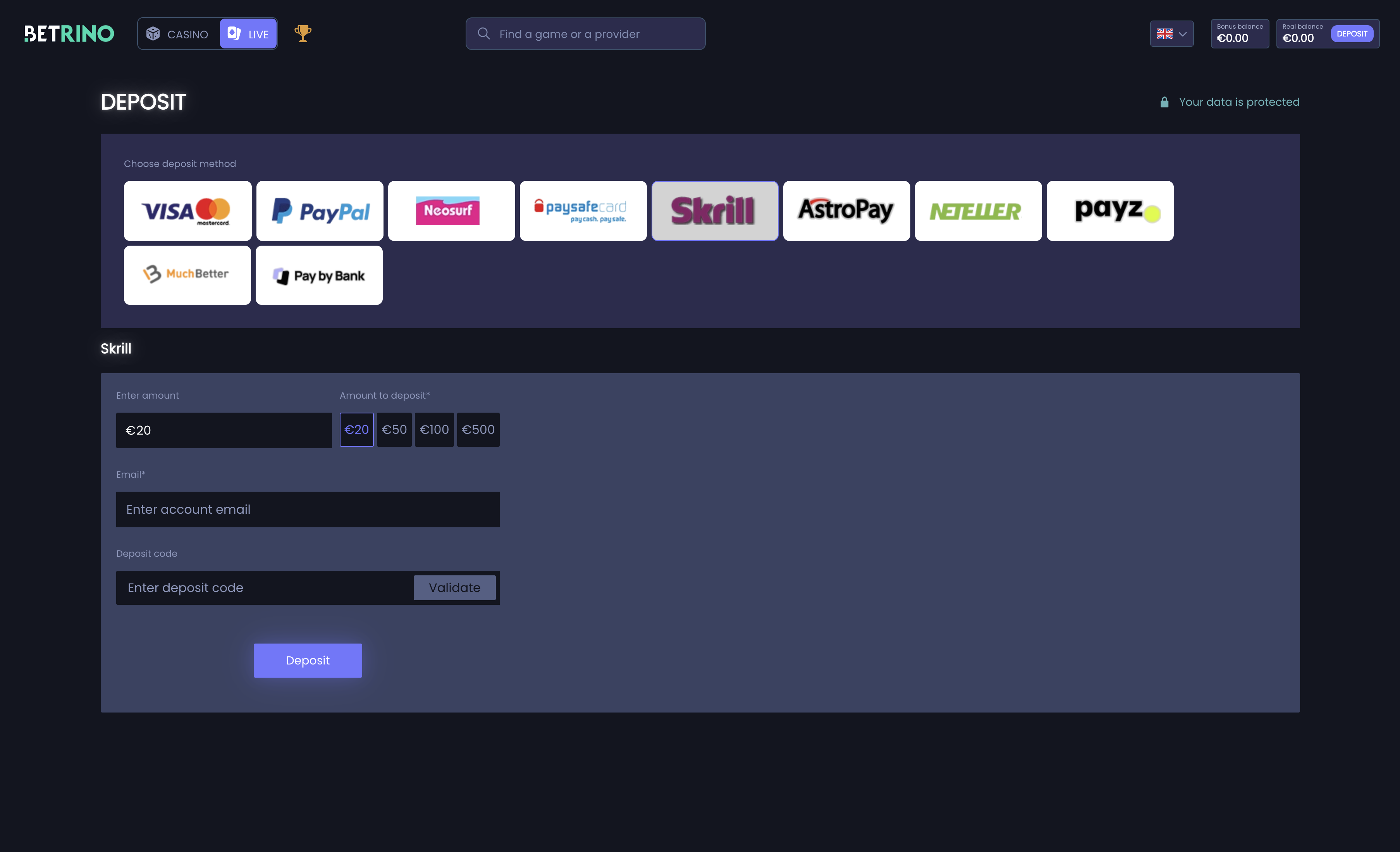 Betrino cashier — first deposit via Skrill