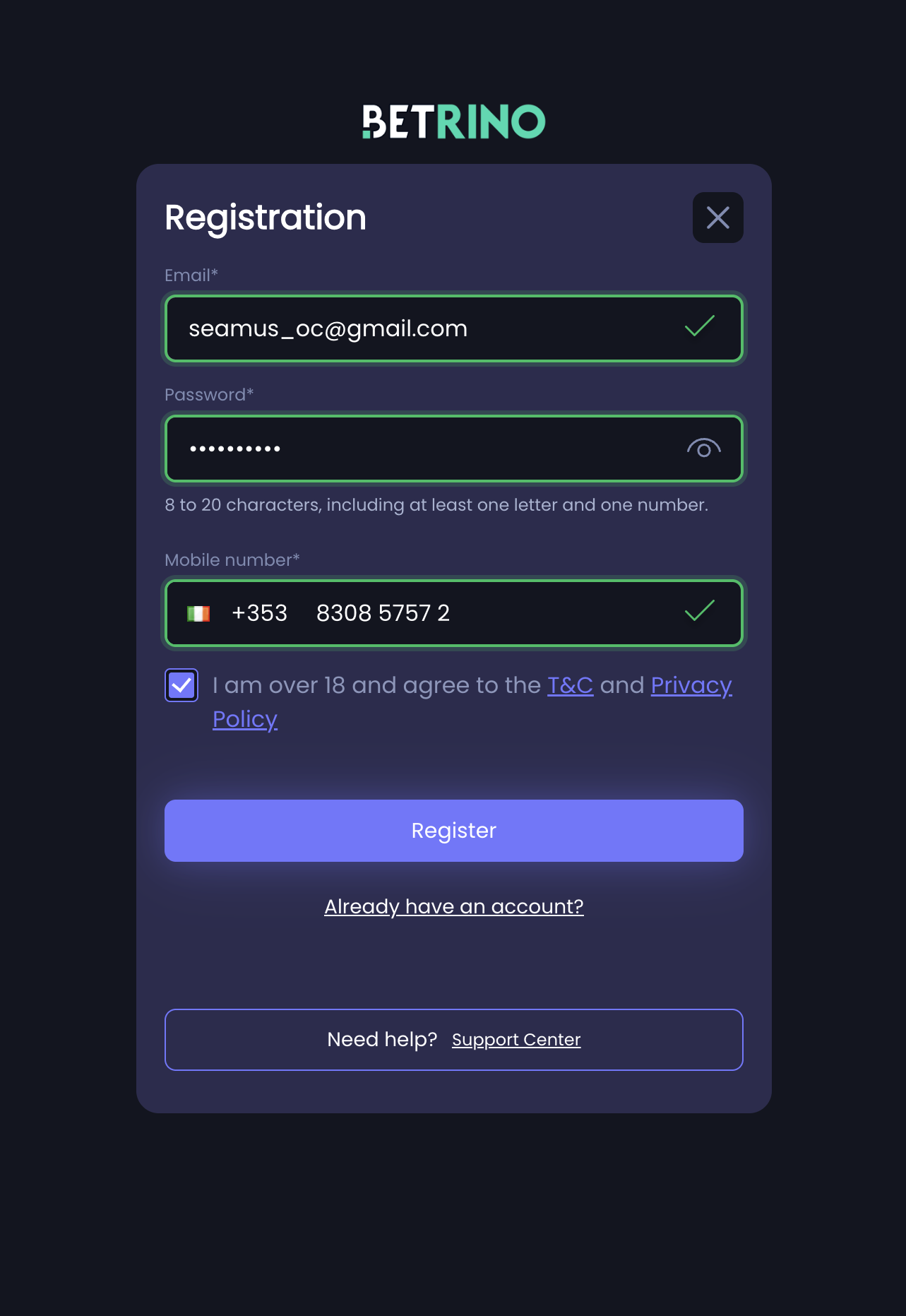 Betrino registration step one — email, password and mobile number