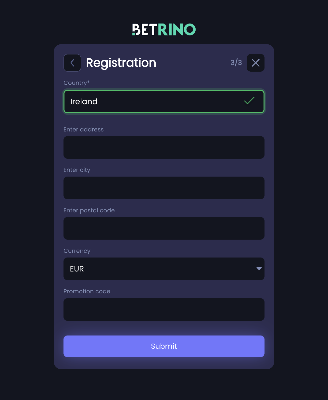 Betrino registration step three — address and EUR currency selection