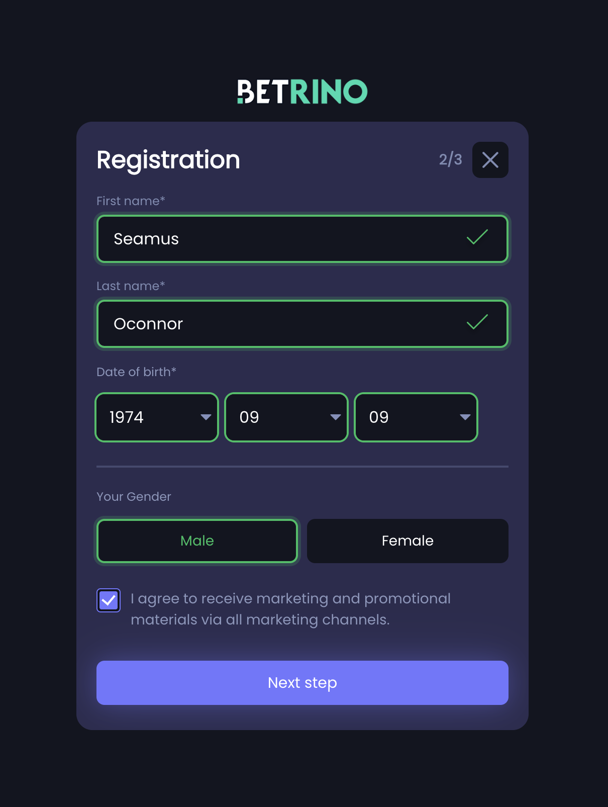 Betrino registration step two — name, date of birth and personal details