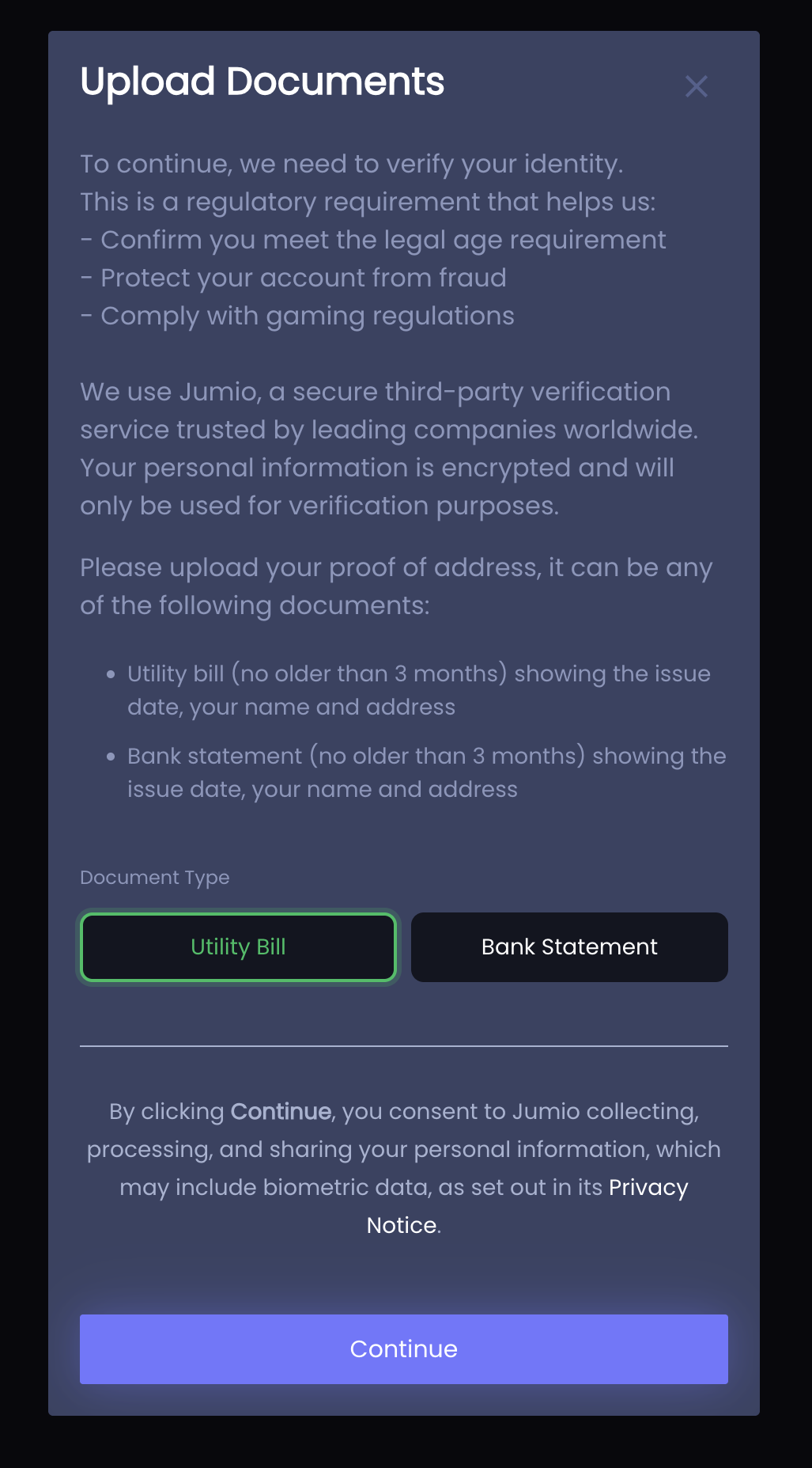 Betrino upload address confirmation — utility bill or bank statement