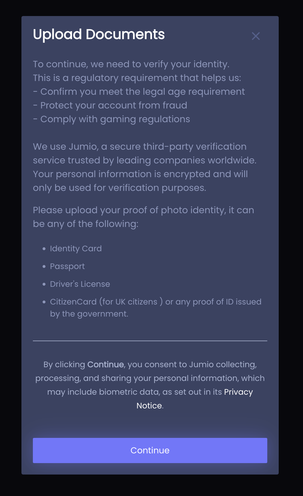 Betrino upload identity documents — passport or driving licence