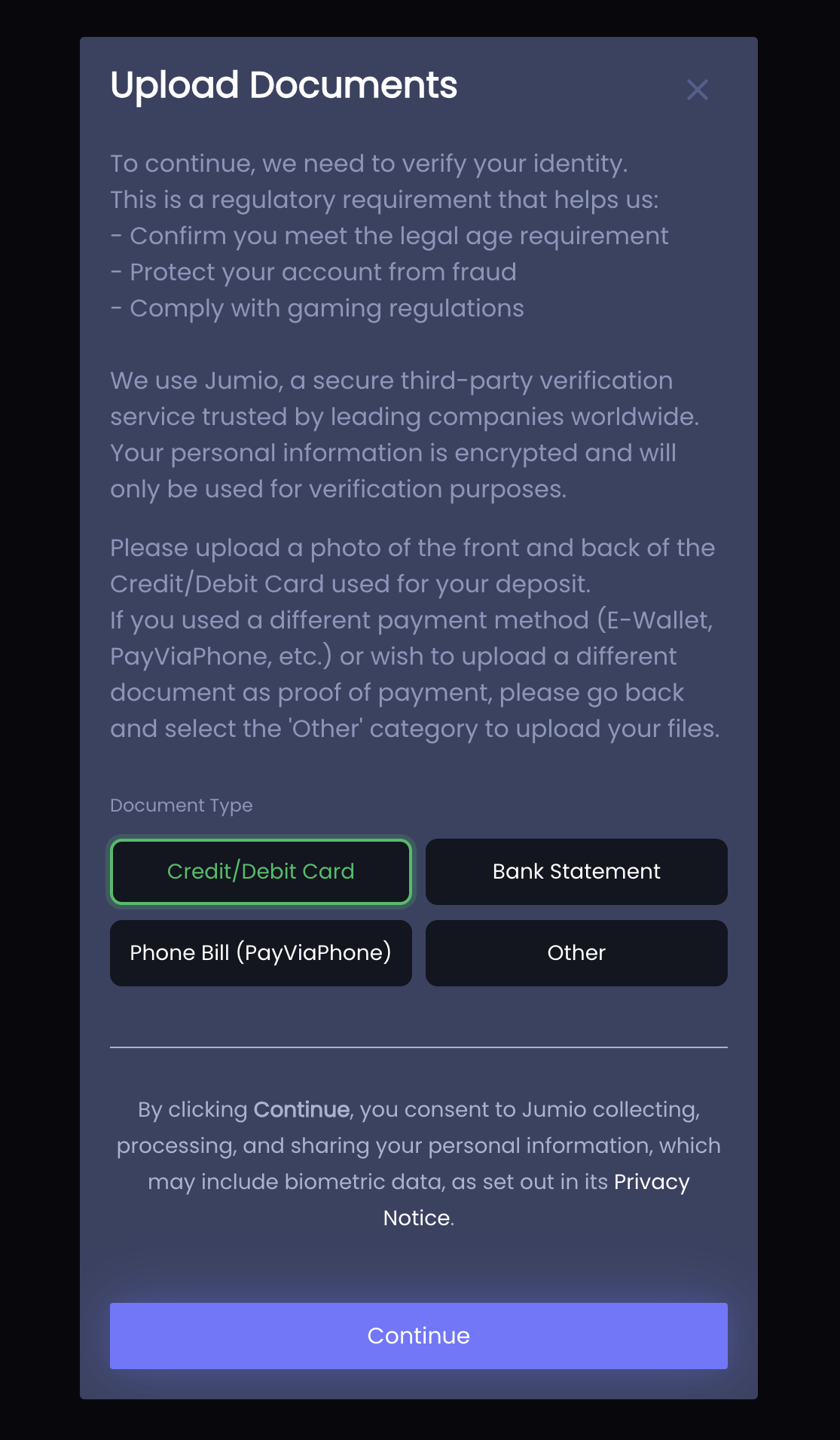 Betrino upload payment confirmation — card or e-wallet screenshot