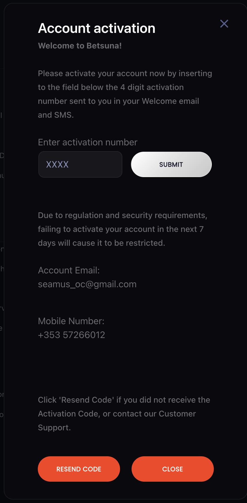 Betsuna Casino account activation code sent by SMS or email