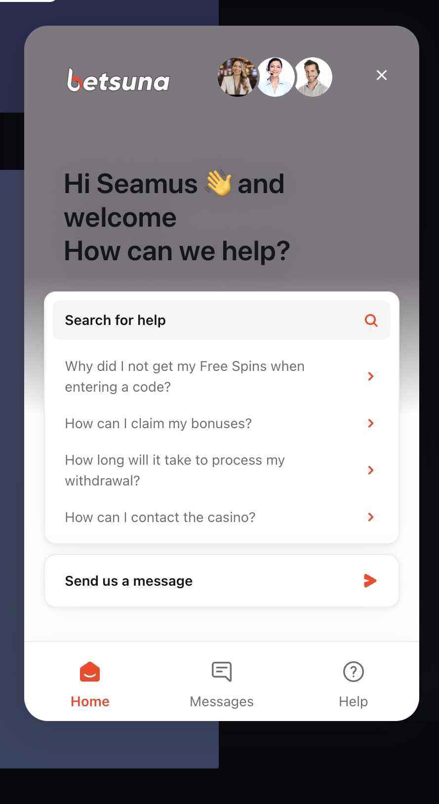 Betsuna Casino live chat support window