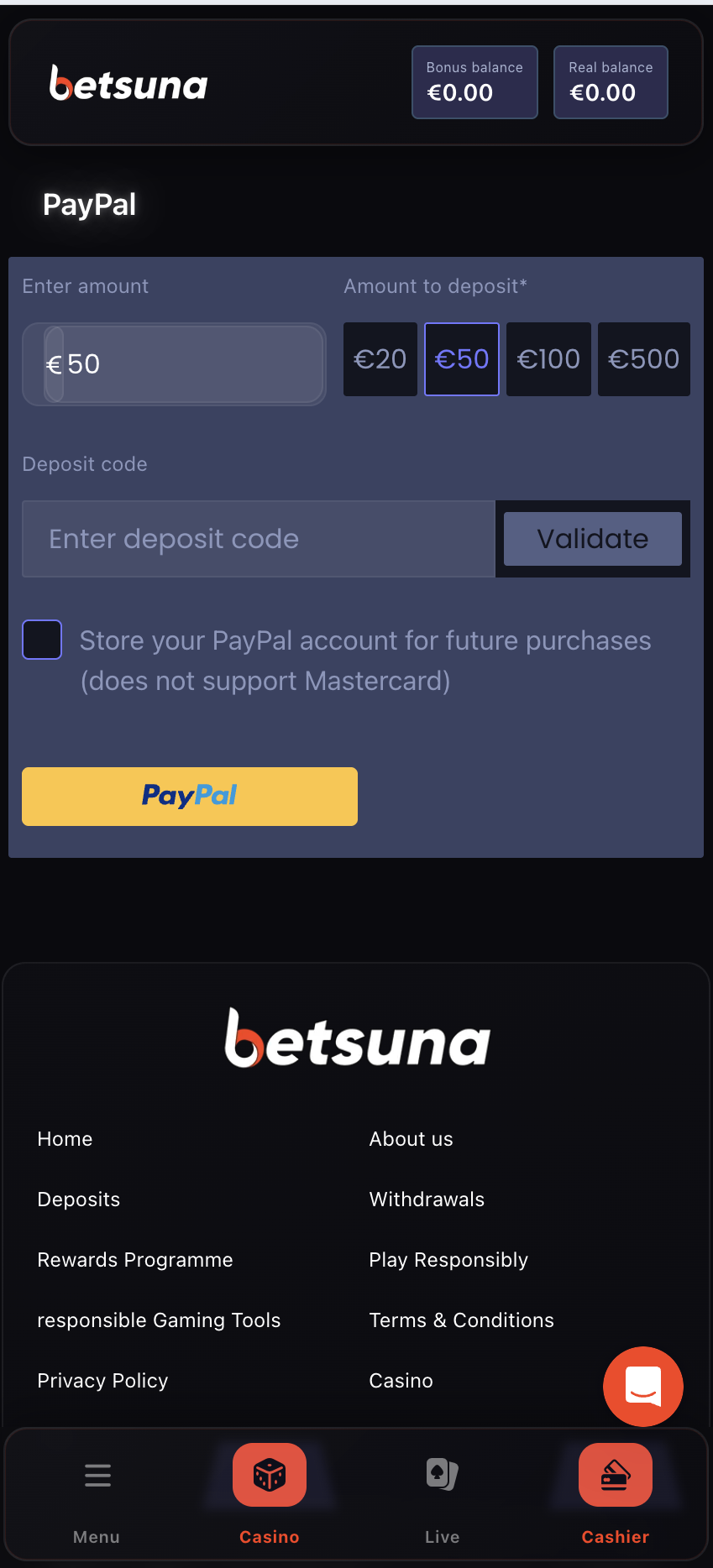Betsuna Casino PayPal deposit screen example for Irish players