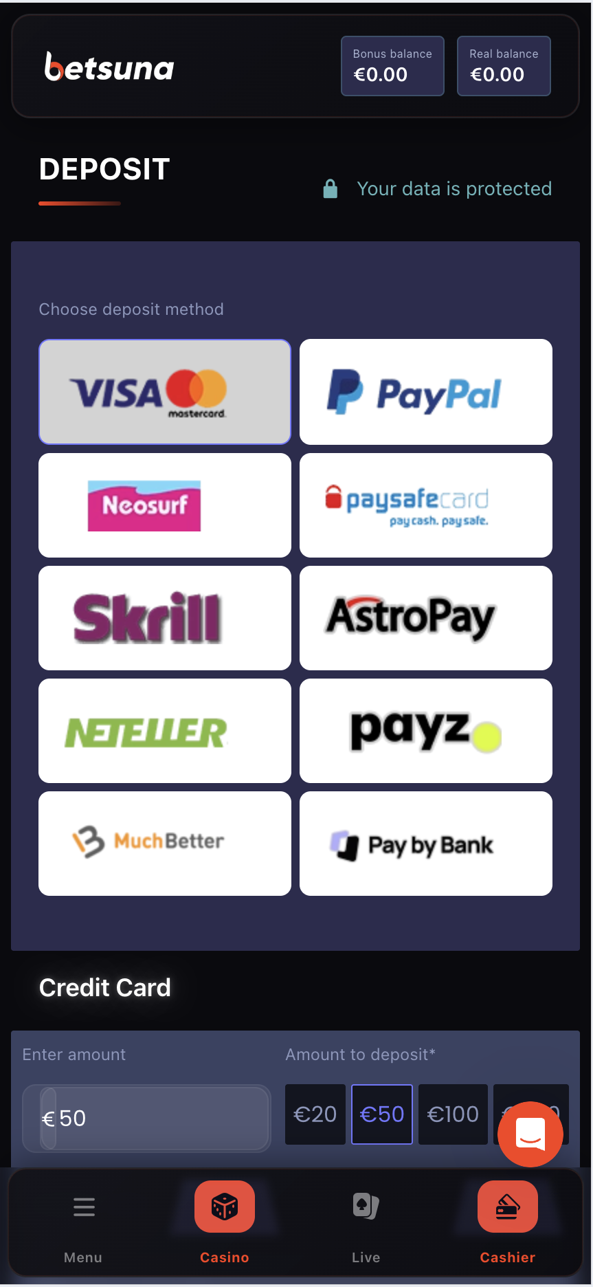 Betsuna Casino registration step four — first deposit cashier