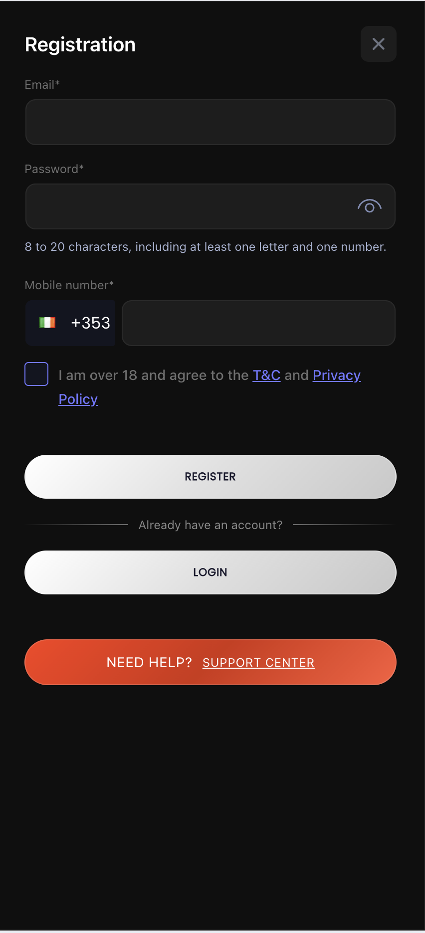 Betsuna Casino registration step one — email and password