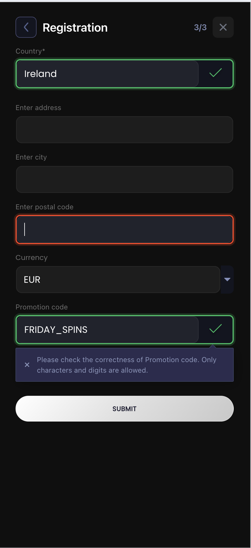 Betsuna Casino registration step three — home address