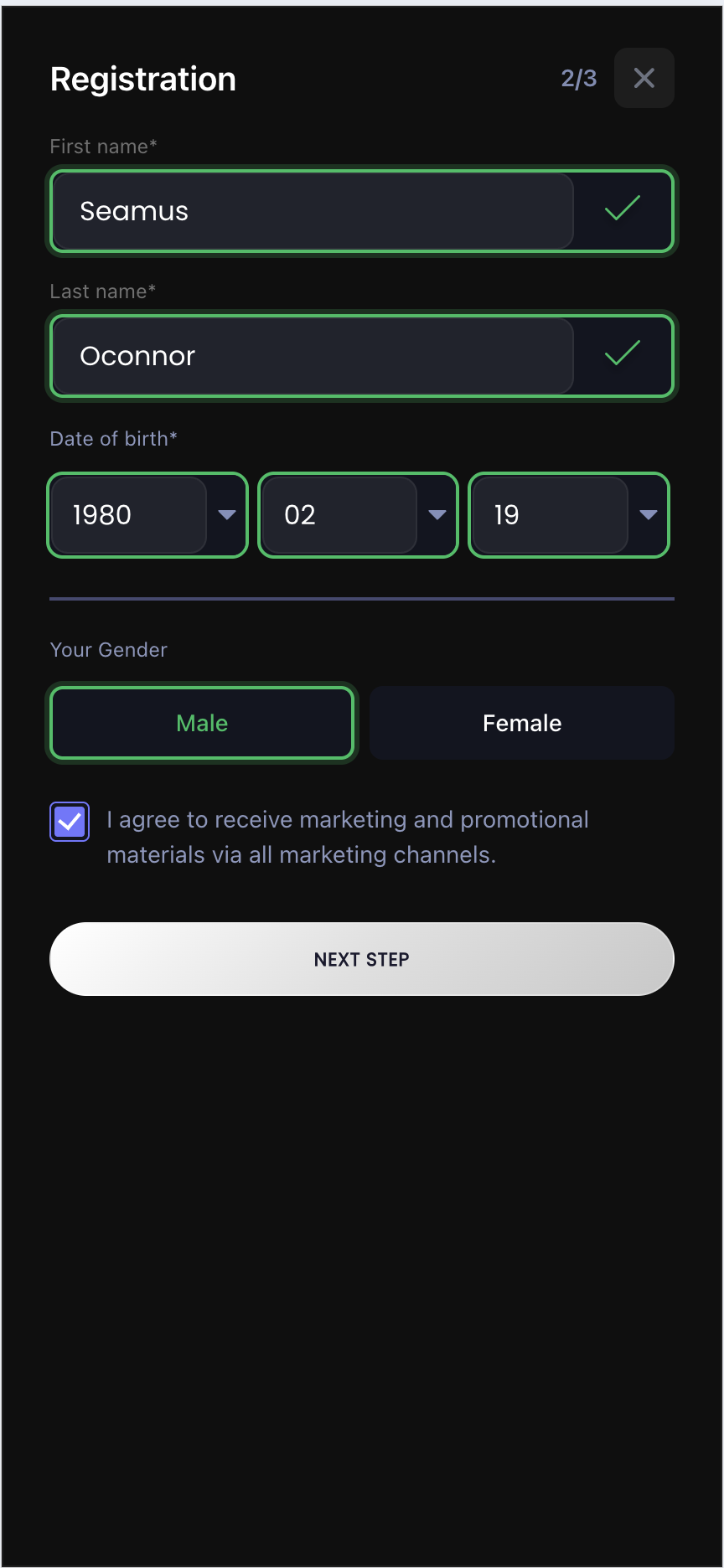 Betsuna Casino registration step two — about you personal details