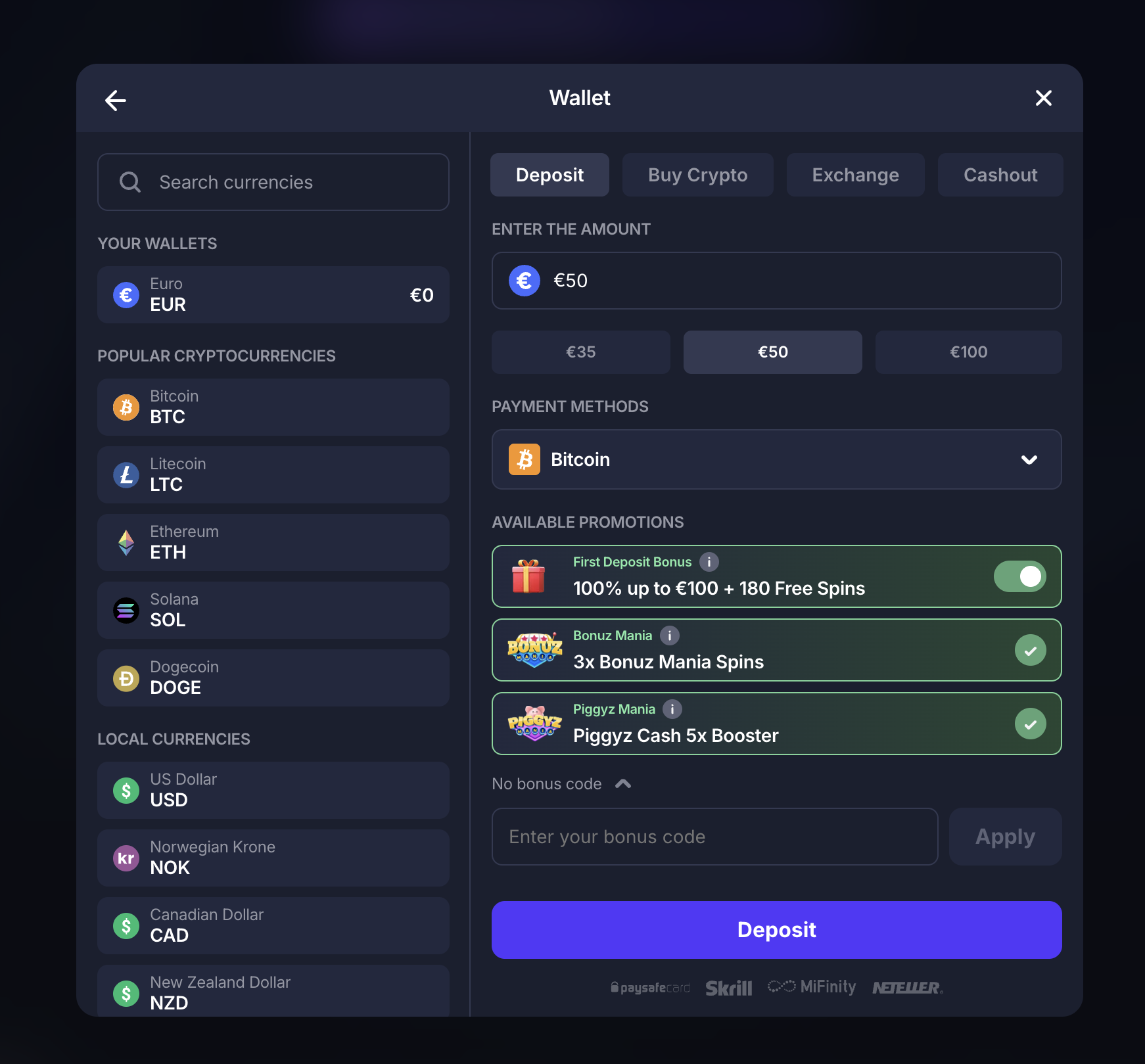BitStarz €50 deposit with First Deposit Bonus, Bonuz Mania and Piggyz Mania available